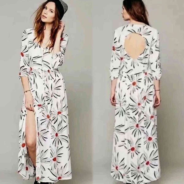 

casual dresses v-neck hollow back maxi dress 3/4 sleeve spring summer women long floral print boho beach vestidos x5i4, Black;gray
