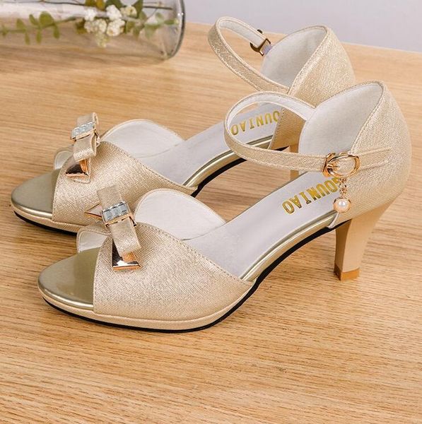

sandals 2021 summer shoes woman mid heel women open toe casual bow beading wedding zapatos mujer, Black