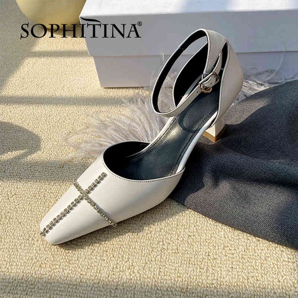 Sophitina primavera outono vestir bombas sapatos mulheres gato saltos de couro genuíno forma de cristal moda elegante tornozelo fivela bombas FO259 210513