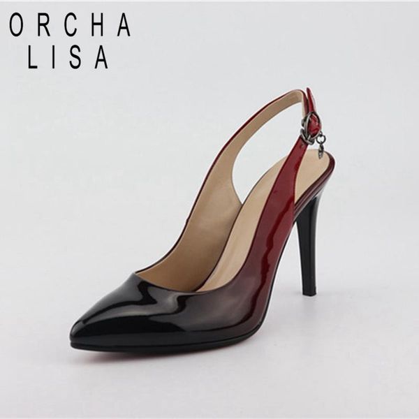 

2021 woman thin high heel sandals concise back strap buckle pu leather pointed toe pumps large size 33-46, Black