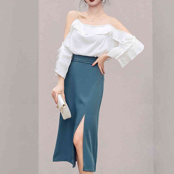 

dresses summer 2 pieces set women off the shoulder shirts blouses and split pencil skirts korean chic office lady suit, Black;gray