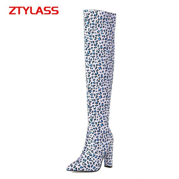 

boots blue orange yellow style classic leopard pattern long tube over the knee women's fashion zipper pointed toe lady, Black