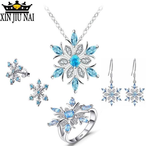 

snowflake genuine blue z sapphire shining zircon ring 925 anillos silver fashion for women christmas gift jewelry set bracelet, earrings, Black