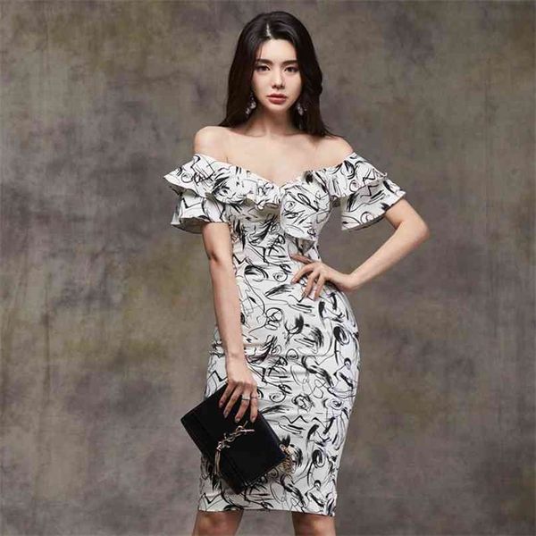 

women's slim-fit elegant printed dress women summer fashion party bodycon off shoulder ruffles club pencil 210603, Black;gray