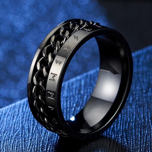 

wedding rings viking gothic men's chain rotating band ring with rune odin norse text stainless black for women men jewelry, Slivery;golden