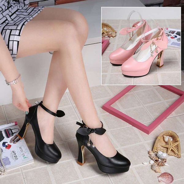 

spring and summer women's sho fashion bow high heels tassel chain work, Black