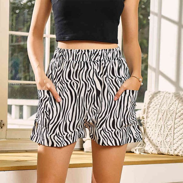 

summer zebra print shorts women elastic waist pocket sweatpants streetwear casual temperament fashion ladies mini shorts 210423, White;black