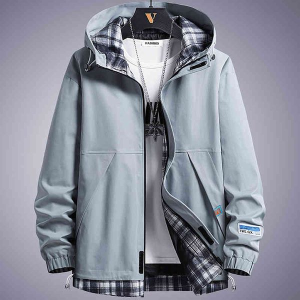 

men's windbreaker 2021 spring autumn fashion patchwork plaid hooded coat male clothing casual ets 8xl, Black