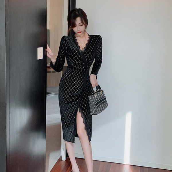 

casual dresses cbafu elegant velvet long sleeve split party dress autumn winter slim women black bodycon midi lacework ol n616, Black;gray