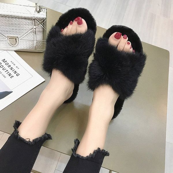 

women slippers winter furry slides fluffy slippers fur warm soft flat shoes funny home indoor shoes pantoffels dames 4196 e4d5#, Black