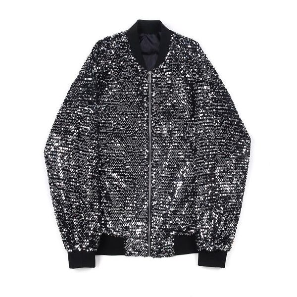 

men's jackets sequined bomber jacket men shiny sequins long sleeve glitter zipper coat hip hop loose night club stage streetwear coats, Black;brown