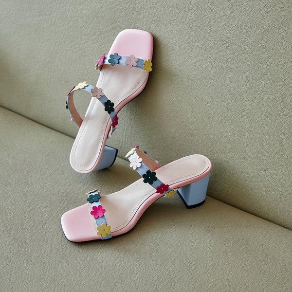 

slippers elegant pink green sandals slio-on genuine leather square heel open toe women shoes flower shallow, Black