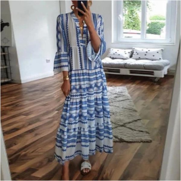 

bohemian geometric print maxi womens dress three quarter sleeve loose long holiday casual lady v neck ruffles flared, Black;gray