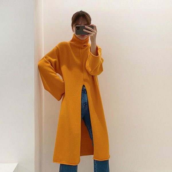 

fashion simple split turtleneck dress loose-fitting long sleeve thicken warm knitted jumper dresses women vestido feminino casual, Black;gray