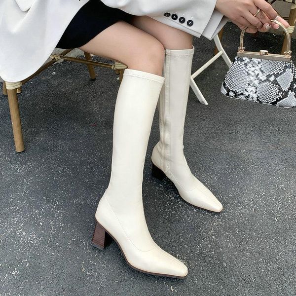 

boots faux leather stretch knee high women fashion square heel zip long female plus size daily party office beige shoes, Black