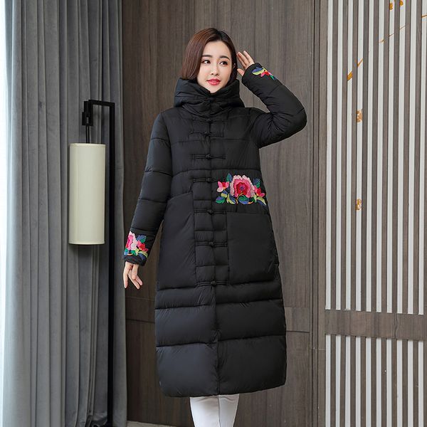 

chinese style x-long jacket women floral print loose women's winter coat hooded stand collar single, Black