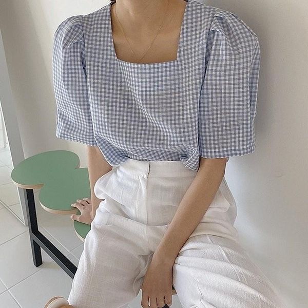 

women's t-shirt korean ins french style retro square collar plaid short-sleeved shirt young fresh summer loose sweet, White