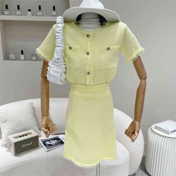 

summer fashion casual knitted two piece set women short sweater cardigan + mini skirts sets ladies 2 suits 210514, White