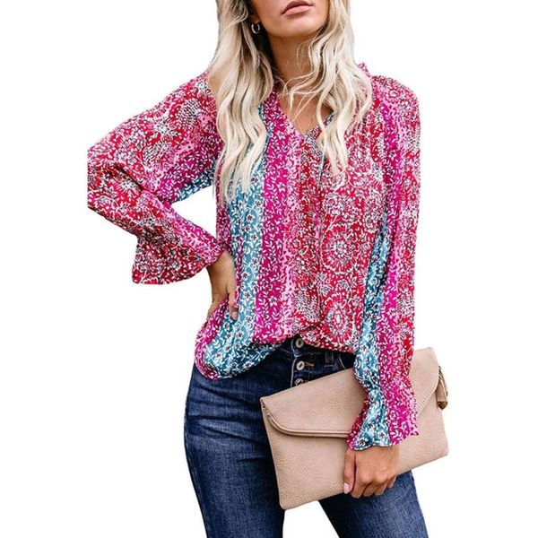 

women flared long sleeve v-neck blouse boho floral loose drawstring pullover women's blouses & shirts, White