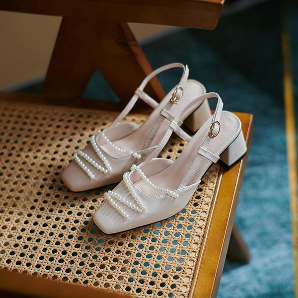 

sandals beige heeled clear shoes square toe 2021 summer large size buckle black pearl fashion low comfort high big block