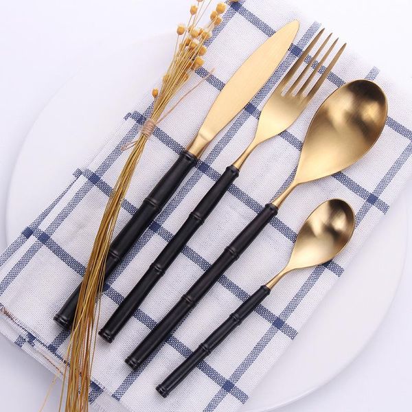

dinnerware sets 24-pieces gold matte stainless steel vintage tableware flatware 18/10 dinner knife fork spoon creative bamboo handle cutlery