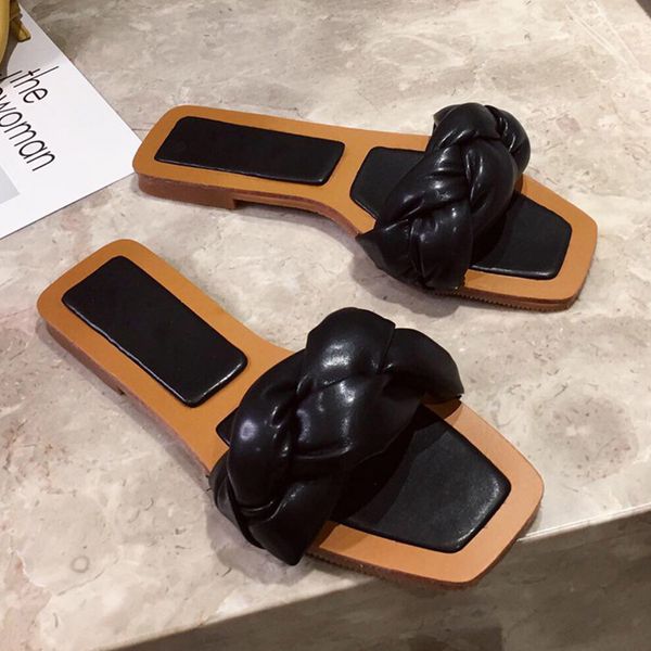 

2021 Summer New Fashion Woman Slippers Shoes Female Flat Open Toe Square Toe Slides Ladies Beach Rome Slippers Shallow Sandals, Black