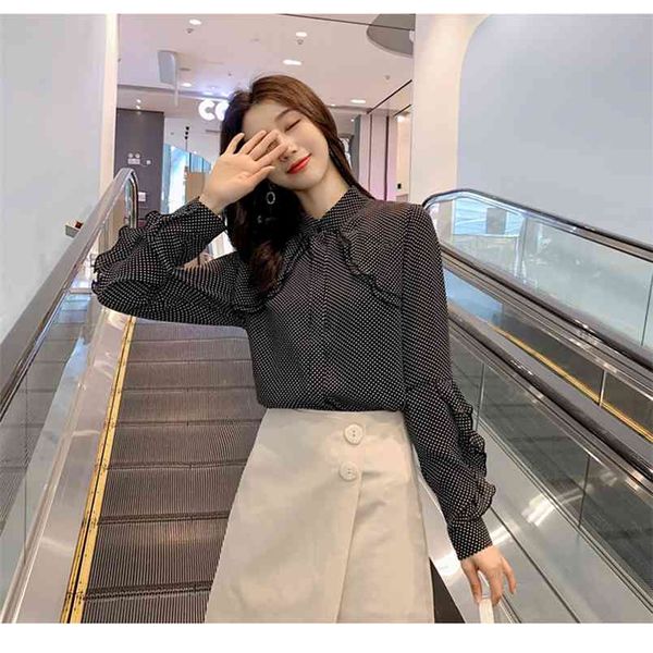 

spring autumn women's blouse korean polka dot collar ruffled long sleeve commuter loose casual shirts ll675 210506, White