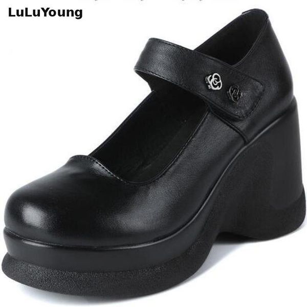 

genuine leather shoes women platform high heel wedges sy-2007 dress, Black