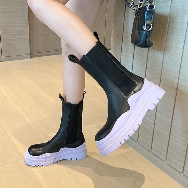 

boots 2021 women genuine leather 22-25cm ankle natural molding bottom chimney color contrast, Black