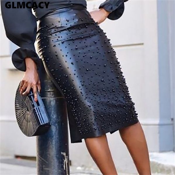 

women high waist beading pu faux leather pencil skirt club bandage faldas jupe 210619, Black
