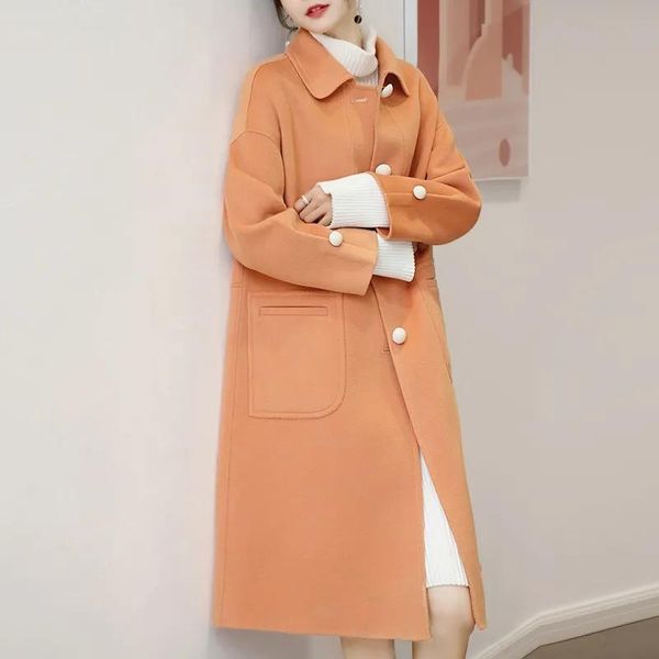

women's wool & blends orange double-sided woolen coat women's mid-length 2021 korean style doll collar, Black