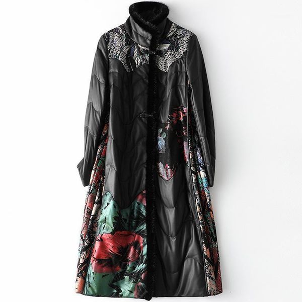 

high end thick warm loose winter fashion mink collar printing genuine leather duck down jacket women's fur long street coat & faux, Black