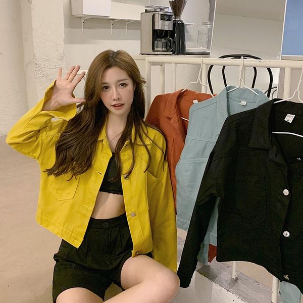 

women's jackets denim jacket spring autumn short coat pink jean casual purple yellow white loose outerwear, Black;brown