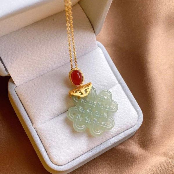 

chains silver inlaid natural chalcedony chinese knot pendant necklace light luxury classic unique sand gold craft charm women's jewelry