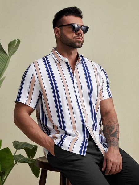 

extended sizes men block striped button front shirt l9az#, White;black