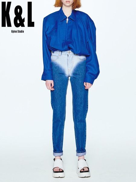 

women's jeans k&l bleached gradient design high waist 2021 autumn fashion street color matching washed straight long women, Blue
