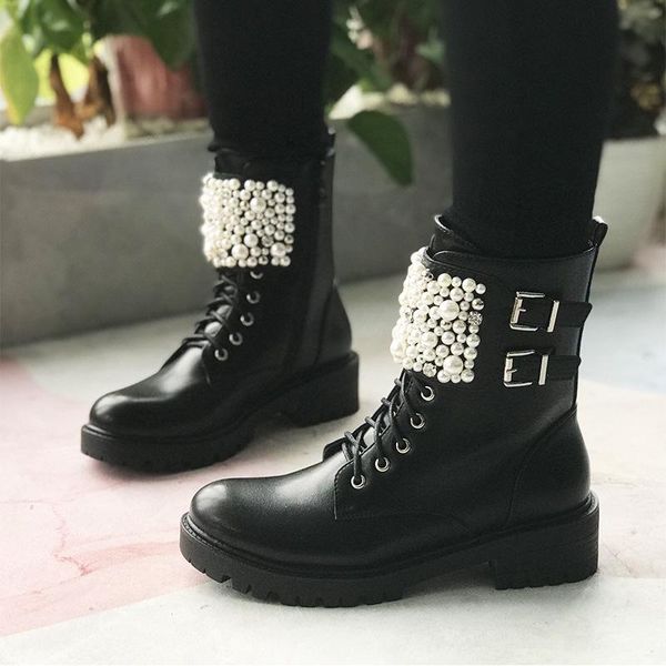 

boots winter roman pearl lace up women's in autumn and, Black