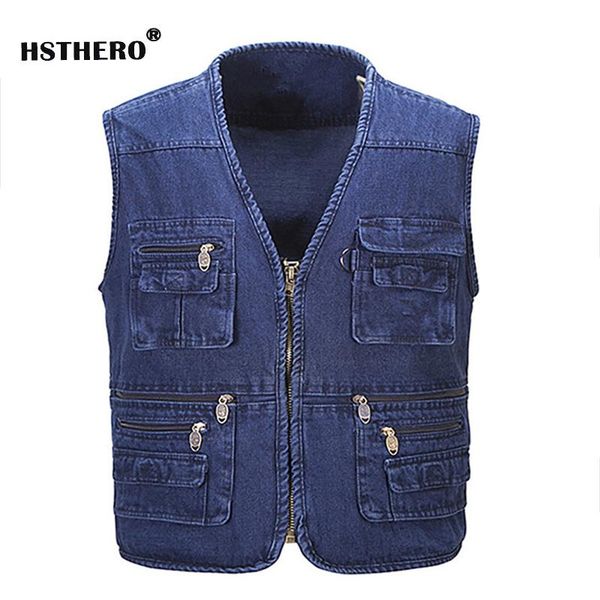 

men's vests 5xl 6xl loose denim jeans vest multi pockets father gift fishing work waistcoat sleeveless plus size masculina jaquetas, Black;white