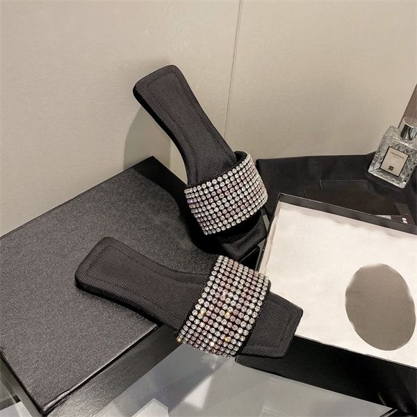 

official website 70% off outlet summer new diamond single shoes square head flat heel half support sandals factory sale, Black