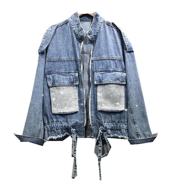 

women's jackets sequins style beading denim jacket women spring autumn vintage long sleeve jeans basic coat female casual loose chaquet, Black;brown