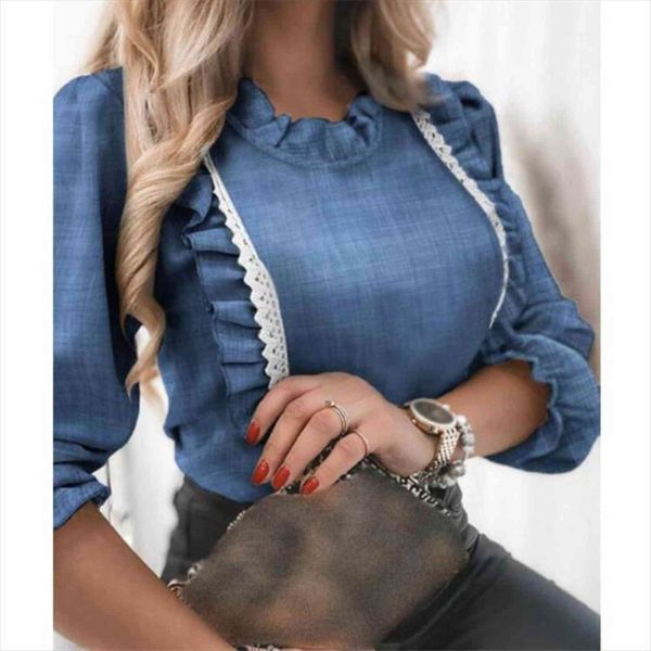 

elegant long sleeve lace women shirt ruffles fall casual o neck pullover office lady patchwork blusa, White