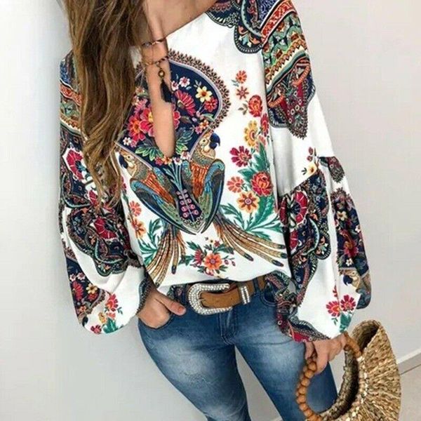

women's t-shirt fashion women lantern sleeve t-shirts blusas ladies floral print long crew neck casual loose plus size tee, White
