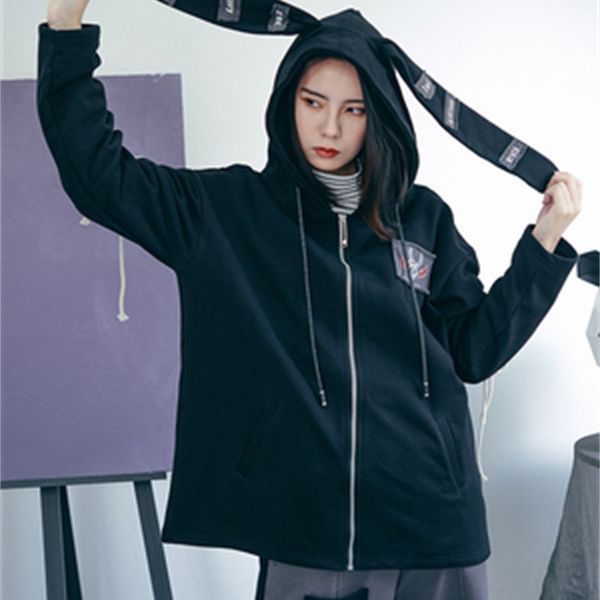 

women's suits & blazers spring harajuku kawaii black rabbit ear hooded jacket girl loose long sleeve fashion pretty coat ywg6, White;black