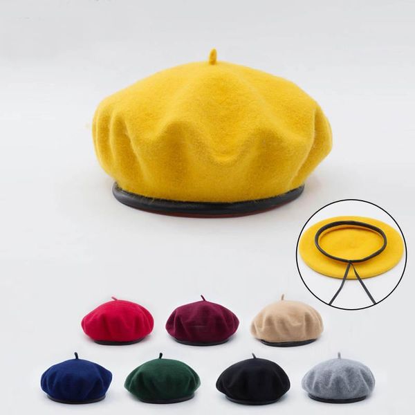 

berets australia pure wool french beret winter girl edging woolen bud hat adjustable pu leather belt ladie painter caps for women, Blue;gray