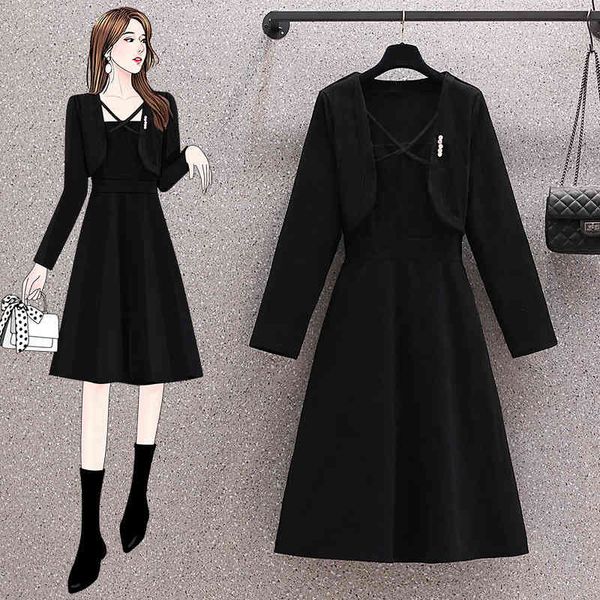 

large women's dress french slim corduroy early spring gentle temperament design sense, with bottom skirt inside, Black