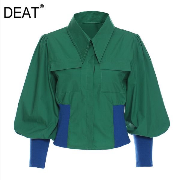 

lapel collar long sleeve green shirt single breasted double pockets short for women spring and summer gx1114 210421, White