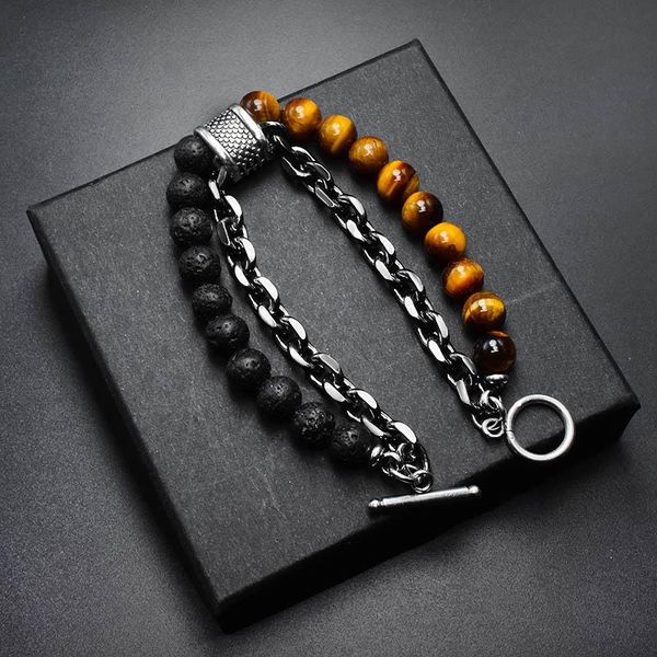 

beaded, strands natural stone bracelets mens tiger eye beads bracelet stainless steel hip hop double vintage chain on hand wholesale, Black