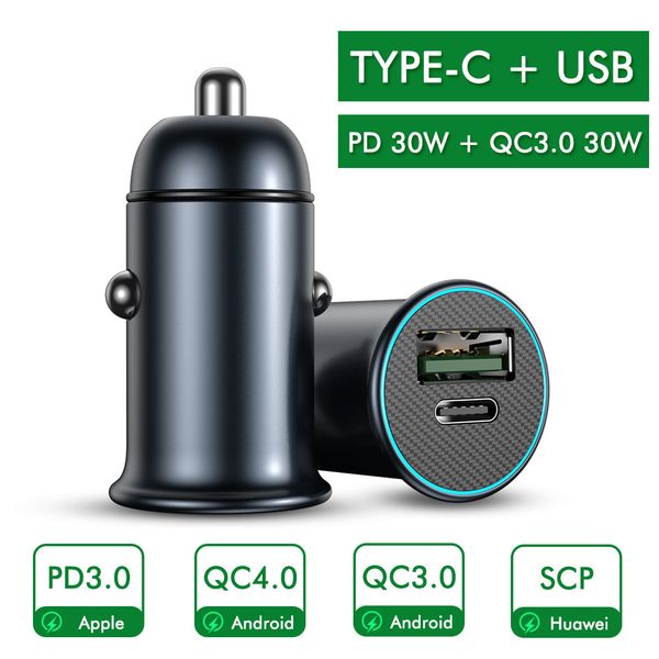 

dual ports qc3.0 type c usb pd 3.0 fast charging metal car cigarette lighter charger 3a for iphone 12 xiaomi samsung