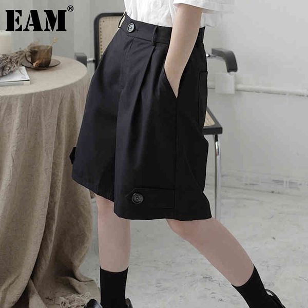 

[eam] women black single button wide leg shorts high waist loose fit trousers fashion spring summer 1dd6830 21512, White;black