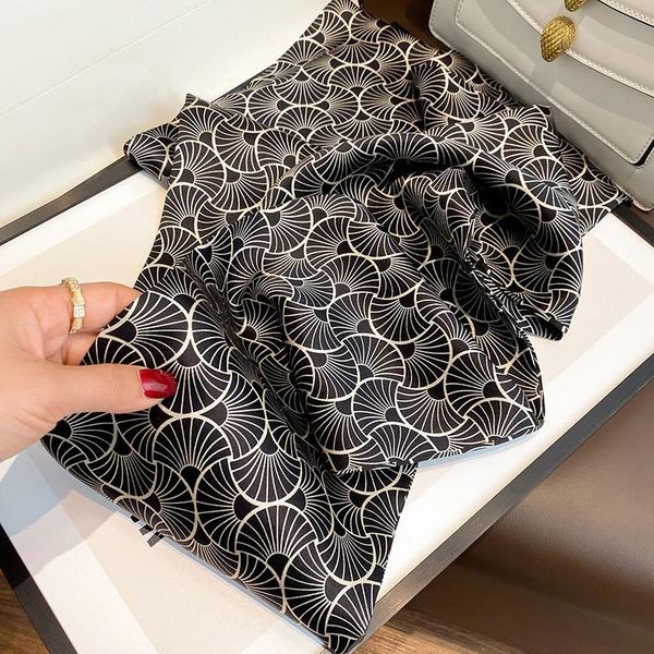 

scarves 2021 black satin fan-shaped women's silk scarf mulberry spring thin print small french celebrity hair band, Blue;gray